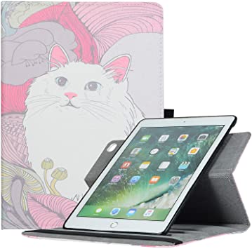 AiSMei Case for iPad 9.7 2018/2017, 360 Degree Rotating PU Leather Case with Soft TPU Back Cover,Pencil Holder,Auto Wake Sleep and Multiple Viewing Angles,Also fit iPad Air,Kitty