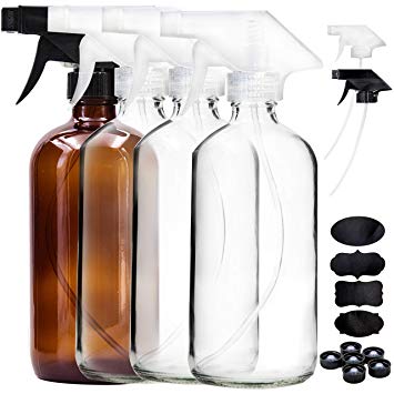 4 Pack Empty Glass Spray Bottle, 16 oz Clear Glass Spray Bottle (3 Pack), 16 oz Amber Glass Spray Bottles for Essential Oils (1 Pack), with Extra Durable Trigger Sprayers