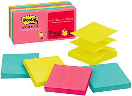 Post-it Pop-up Notes, 3x3 in, 12 Pads, America's #1 Favorite Sticky Notes, Cape Town Collection, Bright Colors (Magenta, Pink, Blue, Green), Clean Removal, Recyclable (R330-AN)