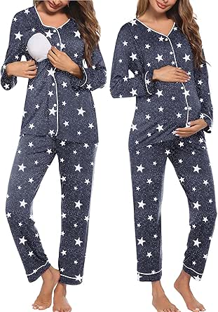 Ekouaer Maternity Pajama Set Button Down Nursing Pajamas Long Sleeve Breastfeeding Loungewear with Adjustable Pants