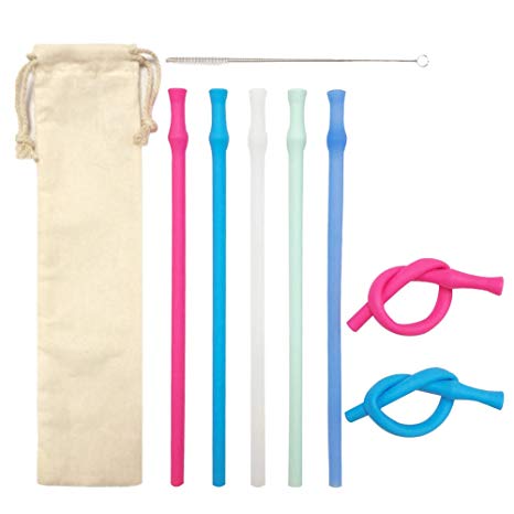 Silicone Reusable Straws Collapsible Straw - Portable- Extra Long- BPA Free (5 Straws,Cleaning Brushes, Cloth Bag)