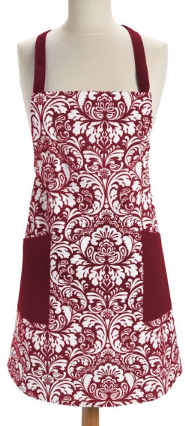 DII 100% Cotton, Printed Damask Chef Apron With Adjustable Neck Strap & Waist Ties, Fashion Chef Kitchen Apron Is Machine Washable with Front Pockets, Perfect for Cooking, Baking, Barbequing, & More - Wine