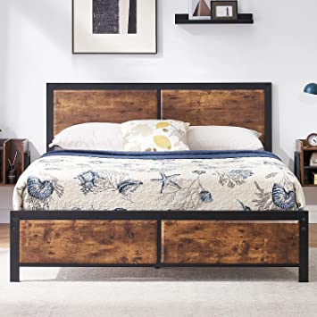 VECELO Full Platform Bed Frame with Rustic Vintage Wood Headboard, Mattress Foundation, Strong Metal Slats Support, No Box Spring Needed