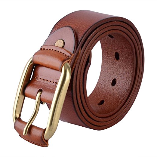 Canwelum Full Grain Mens Belt, Brown Leather Belts, Mens Leather Belt for Jeans with Copper Buckle