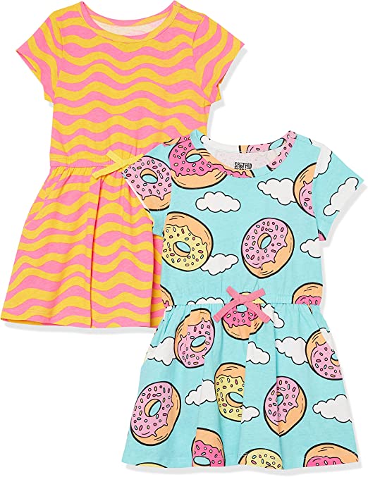 Spotted Zebra Girls and Toddlers' Knit Short-Sleeve Cinch-Waist Dresses, Pack of 2