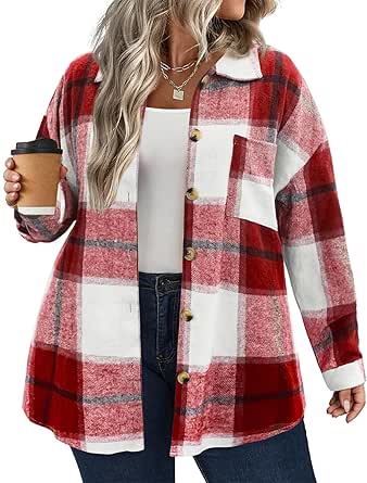 IN'VOLAND Women's Plus Size Plaid Shacket Long Sleeve Button Down Flannel Shirts Casual Jacket Coats