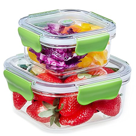 SELEWARE Stackable Food Storage Containers Set with Snaps Locking Lid, Bento Lunch Box, BPA-Free, Airtight, Leak-proof, Microwave, Freezer, Dishwasher Safe, (Set of 2, 13oz&31oz, Square, Green)
