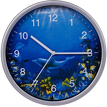 Wall Clock Silver, 8 Inches Silent Non-Ticking Quartz, Ocean Theme Wall Decor with Dolphins, Battery Operated Round Clock for Kids Room/Living Room/Office/Kitchen/Classroom, Easy to Read