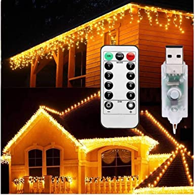Christmas Icicle Lights Outdoor 8 Modes 5m/16ft Lit Length Warm White LED Fairy Lights Indoor/Outdoor Garden Lights with Timer, Dimming, USB Powered 5m Lead Wire - [Energy Class A   ]