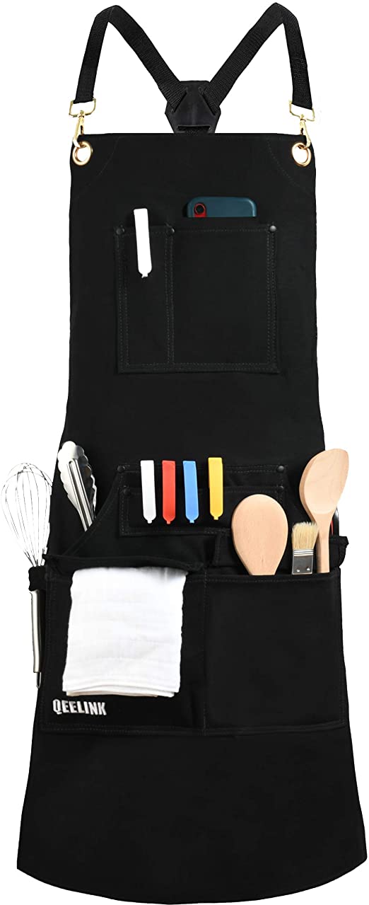 Professional Grade Chef Apron for Kitchen, BBQ, and Grill with 10 Tool Pockets - Water Resistant Canvas Apron with Quick Release Buckle, Adjustable M to XXXL for Men & Women, Black