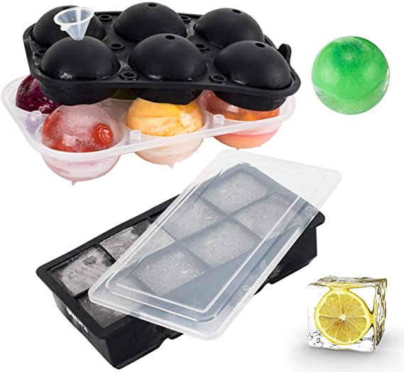iNeibo Large Ice Trays Silicone (Set of 2), Make 6 Ice Balls and 8 ice cubes, Ice Cube Trays for Cocktails, Whiskey, or Homemade, Keep Drinks Chilled