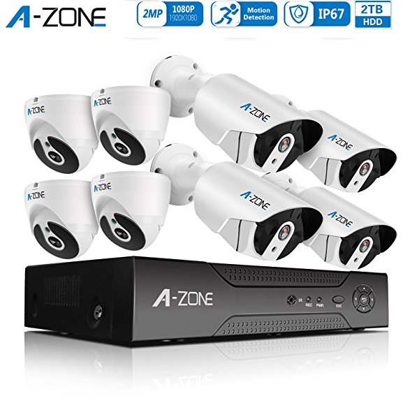 A-ZONE HD-TVI Home Security System 8-Channels Surveillance DVR Recorder With 4x 1080P Indoor Outdoor CCTV Dome Cameras and 4x 1080P IP67 Waterproof Bullet Camera With IR Night Vision- 2TB Hard Drive