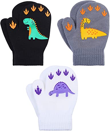 Cooraby 3 Pairs Toddler Stretch Mittens Winter Warm Knitted Magic Mittens Gloves