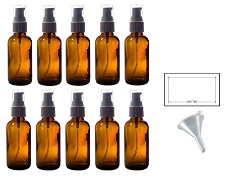 2 oz Amber Glass Boston Round Treatment Pump Bottle (10 pack)   Funnel and Labels for essential oils, aromatherapy, food grade, bpa free
