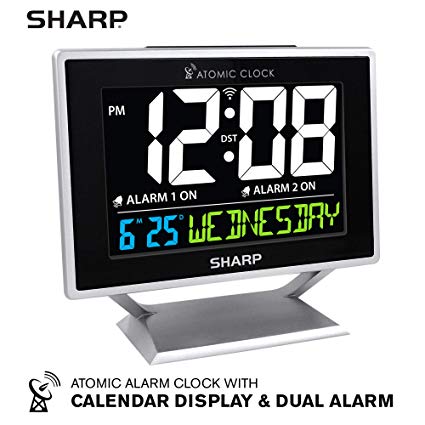 Sharp Atomic Desktop Clock with Color Display - Atomic Accuracy - Easy to Read Screen with Calendar & Day of Week Time/Date Display - Auto Set Digital Dual Alarm Clock - Perfect for Nightstand or Desk