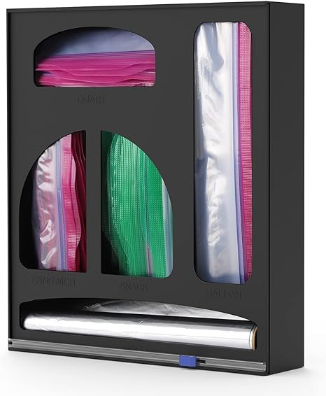 COSANSYS Kitchen Organization and Storage Ziplock Bag Storage Organizer Food Storage Bag Organizer 5 in 1 Dispenser with Cutter for Drawer and Wall Mounted Storage for Gallon Quart Sandwich (Black)