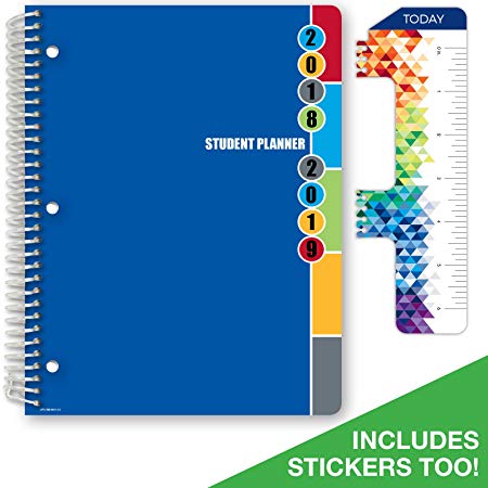 Dated Middle School or High School Student Planner for Academic Year 2018-2019 (Matrix Style - 8.5"x11" - Blue Colors Cover) - Bonus RULER / BOOKMARK and PLANNING STICKERS