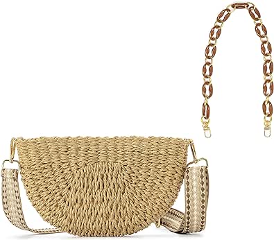 Herald Semicircle Handmade Straw Crossbody Bag for Women, Summer Chic Woven Handbag Shoulder Purse with Chain & Guitar Strap