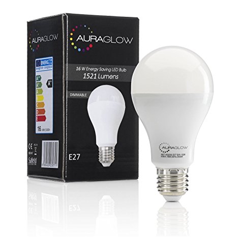 AURAGLOW Super Bright 16w LED E27 Screw Light Bulb, Warm White, 3000K - 1521 Lumens - 100w EQV - Dimmable