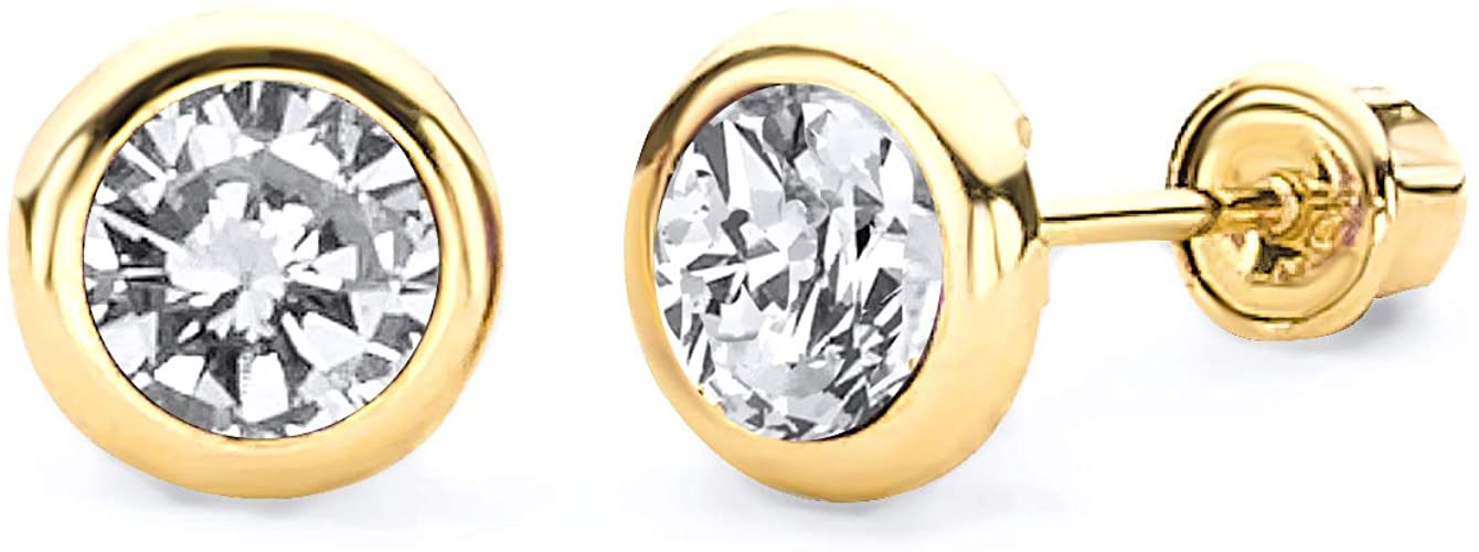 14k Yellow Gold 5mm Round Bezel Stud Earrings with Screw Back - 2 Different Color Available