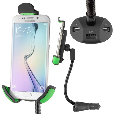 Car Mount, POCKETVOLT Smartphone Car Holder Universal Flexible Arm Smartphone Car Mount Holder with Built-In [5.5 Amps] 3 USB Ports Charger Kit for Apple and Android Devices - BLACK/GREEN
