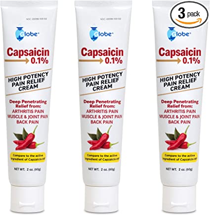 (3 Pack) Globe Capsaicin 0.1% High Potency Pain Relief Cream, Unscented (2 oz) Deep Penetrating Relief from: Arthritis, Muscle, Joint and Back Pain