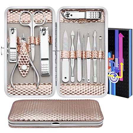 Manicure Set Nail Care Kit 12 PCS, Professional Pedicure Tools Travel Grooming Kit for Men Women, Stainless Steel Nail Clipper Manicure Set with Protable Case (Rose Gold)