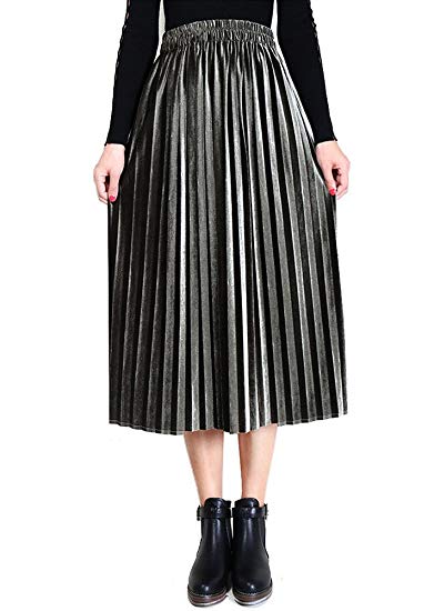 Moxeay Womens High Waist Velvet Skirt Pleated A-Line Midi Skirt