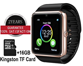 Smart Watch GT08 Bluetooth with 16GB SD Card and SIM Card Slot for Android Samsung S5 S6 Note 4 5 HTC Sony LG and iPhone 5 5S 6 6 Plus Smartphones (Gold)
