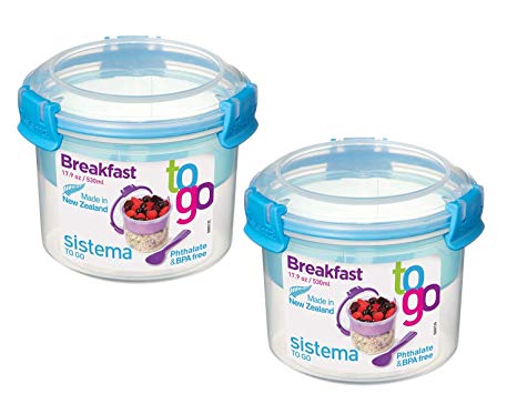 Sistema Breakfast To Go Reusable Food Containers for Kids & Adults w/Removable Tray & Spoon– Great for Work, Home, School, Meal Prep, Portion Control – Phthalate & BPA Free-17.9oz, Blue (2 Pack)