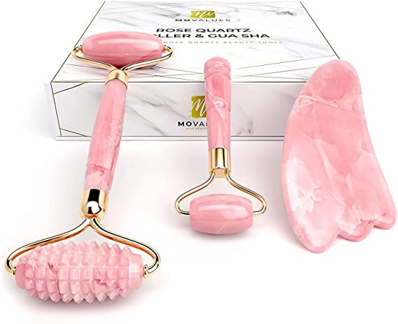 Rose Quartz Roller with Gua Sha, Mini Eye Roller set - Jade Roller for Face - Face Roller 100% Natural Authentic Crystal - Face Massager, Facial Roller for Skin Care, Eyes, Neck - Tones, Firms, Depuff