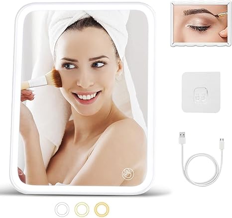 Makeup Mirror with Light, Cosmetic Mirror Equiped with 5x Magnifying Small Mirror, VASLON Travel Vanity Mirror Portable with USB Charging & LED Lighted Touch Screen Adjustable Light Brightness (white)