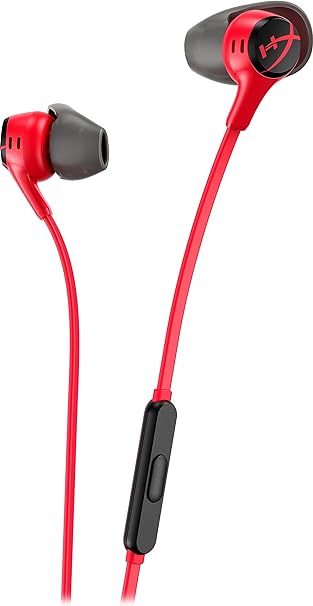 HyperX Cloud Earbuds II – 14mm Drivers, Four Eartips, Hard-Shell Carrying Case, Low-Profile 90° Plug, 3.5mm Plug, Built-in Microphone, Multi-Function Button, PC, Mobile, Nintendo Switch – Red