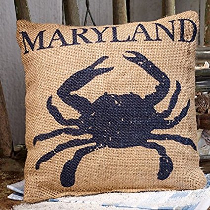 Maryland Blue Crab - Burlap Accent Pillow - 8-in x 8-in