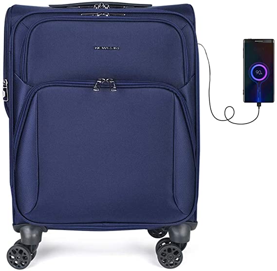 NEWCOM Carry On with USB Charging Ports Luggage 20" Lightweight Softside Spinner Business Suitcase Navy Blue
