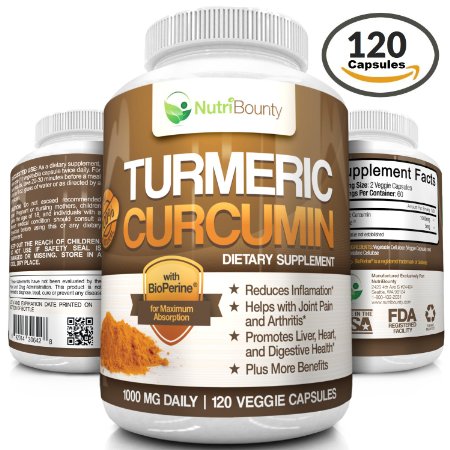 Turmeric Curcumin with BioPerine Black Pepper - 1000mg per Serving 120 Capsules  Anti-Inflammatory Antioxidant  Ground Root Powder for Maximum Potency without Side Effects  by NutriBounty