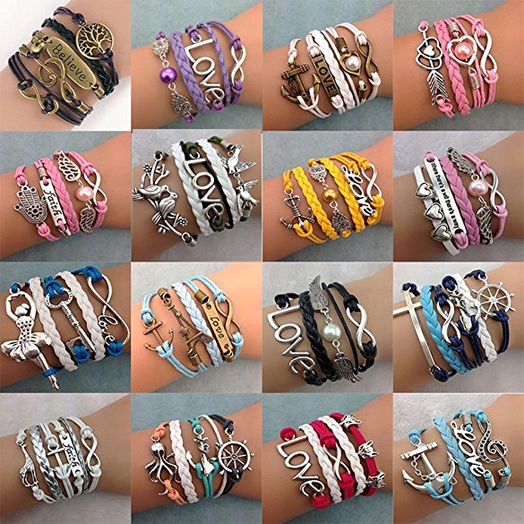 16pcs Handmade Braided Multi Layers Vintage Woven Rope Wrap Bangle Bracelets - Infinity Love
