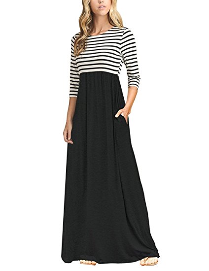 MEROKEETY Women's Striped Scoop Neck 3/4 Sleeve Casual Maxi Dress With Side Pockets