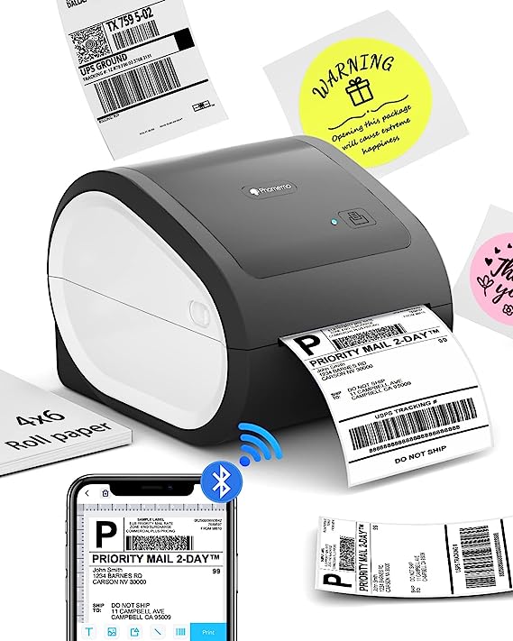 Phomemo Shipping Label Printer Bluetooth Thermal Label Printer - Wireless Bluetooth Printer Compatible with Phone&PAD&PC, Built-in Label Holder 4x6 Printer for Amazon, Shopify, Etsy,USPS,Ebay,Temu etc