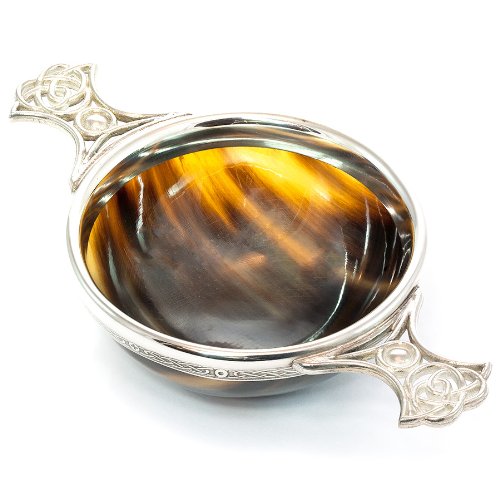 Large Pewter and Ox Horn Quaich