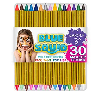 Blue Squid Face Paint Crayons for Kids, 30 Jumbo 3.25" Face & Body Painting Makeup Crayons, Safe for Sensitive Skin, 6 Metallic & 24 Classic Colors, Great for Birthday Party