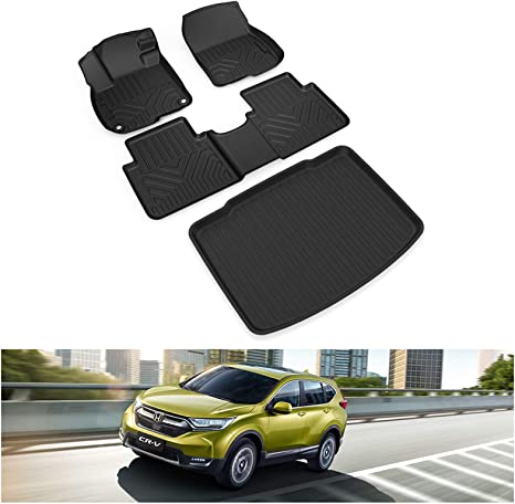 KIWI MASTER Floor Mats & Trunk Mat Set Compatible for 2017-2022 Honda CR-V Accessories All Weather Mat Front & 2nd 2 Row Seat & Cargo TPE Slush Liners Black