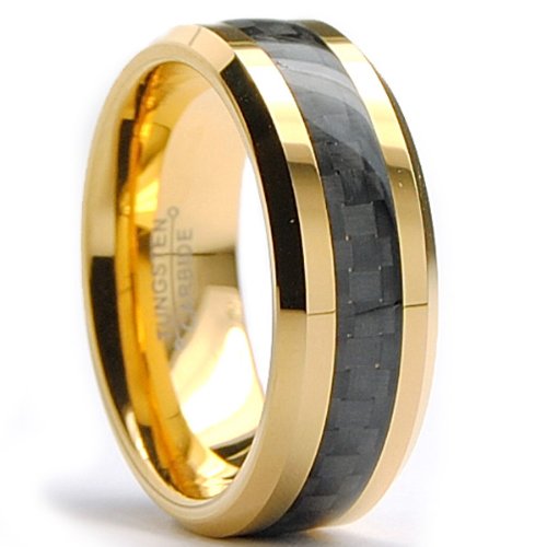 Metal Masters Co.® 8MM Men's Gold Plated Tungsten Carbide Ring Wedding Band W/ Black Carbon Fiber Inaly Sizes 7 to 15