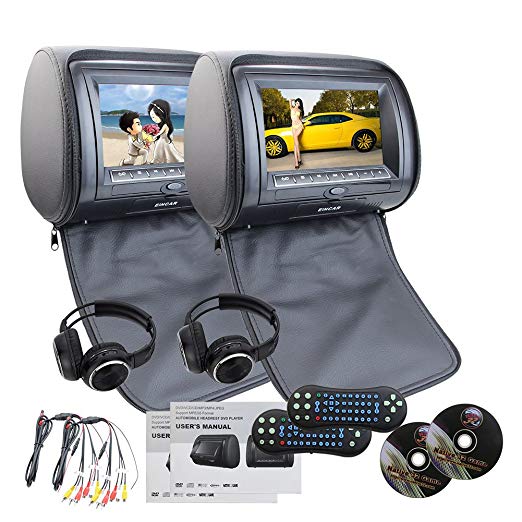 EinCar Black 2 PCS Car Headrest Dual DVD Player 7'' HD Display Screen with Built in IR FM Transmitter 32 Bit Games USB SD MP3 for Entertainment IR Free Headphones x 2