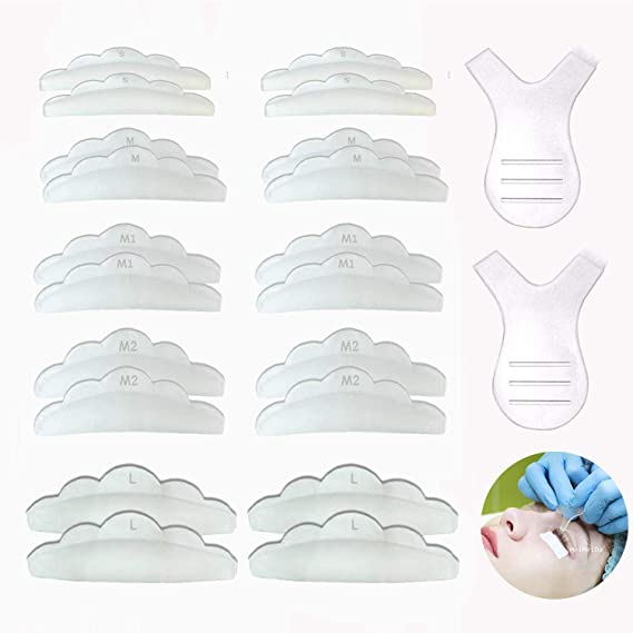 Silicone Eyelash Perming Curler Shield Pads Kit - 10 Pair 5 Sizes Eyelash Perm Silicone Pad with S M M1 M2 L Size and 2 PCS Lash Y Brushes, Lash Lift Rods Makeup Beauty Tool Set, Sold by MeiMeiDa