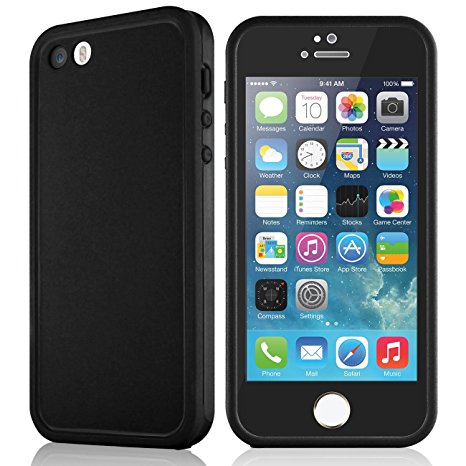 Waterproof case for iPhone 5 5S, eMobile Built-in Screen Protector Clear Face Plate Dust Dirt Proof Shockproof Ultra thin Silicone TPU Plastic Case Cover for Apple iPhone 5 5S (Black/Black)