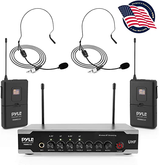 Portable Uhf Wireless Microphone System - Bluetooth Cordless Headset Lapel Lavalier Microphone Set W/ 2 Battery Operated Beltpack Transmitters, Receiver, Aux, for PA Karaoke DJ Party - Pyle PDWM2122