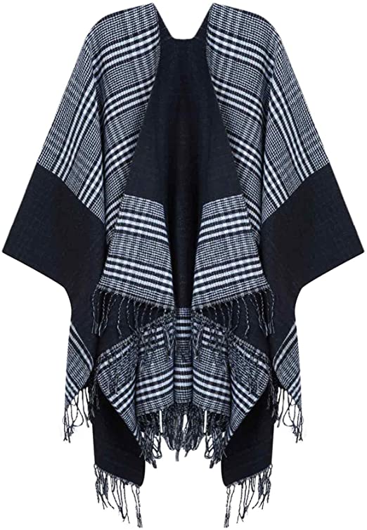 Puli Women's Plaid Shawl Wrap Tartan Blanket Scarf Open Front Poncho Capes with Tassels, Green