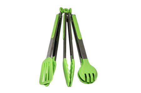 Quicklids QL-3TG-GR Silicone and Stainless Steel Tongs Set of 3 StandardSaladFlipper Green