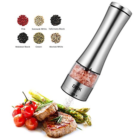 Deik Pepper Grinder, Electric Salt Grinder with LED Light and Big Visible Container, Pepper Mill Battery Power with Adjustable Ceramic, Stainless Electric Salt and Pepper Grinder